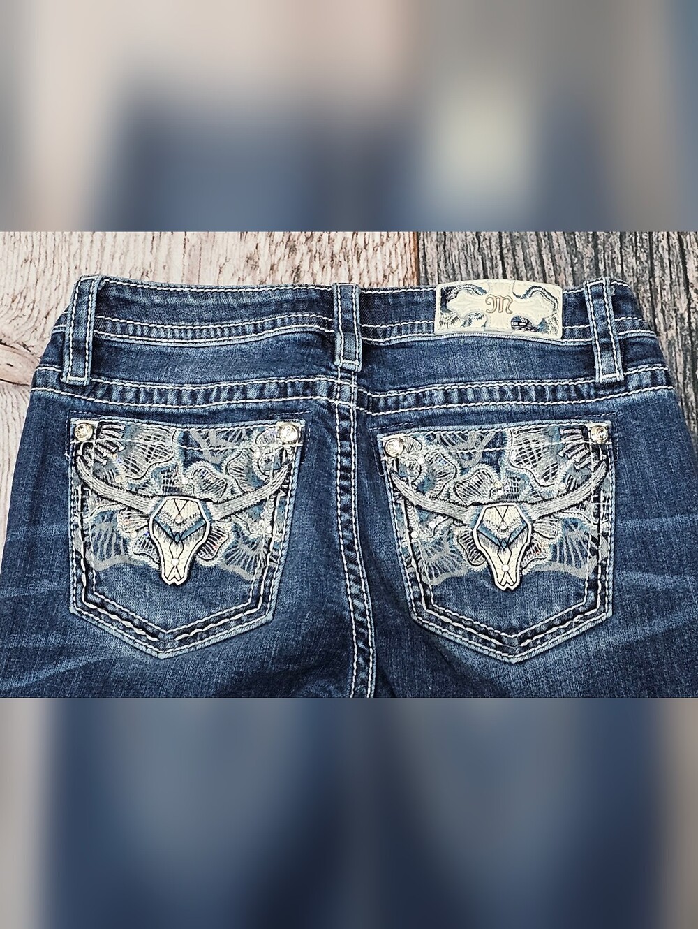 Miss Me Mid-Rise Boot Y2K Jeans Embellished Longhorn Pockets Western Size 28 - Picture 7 of 12